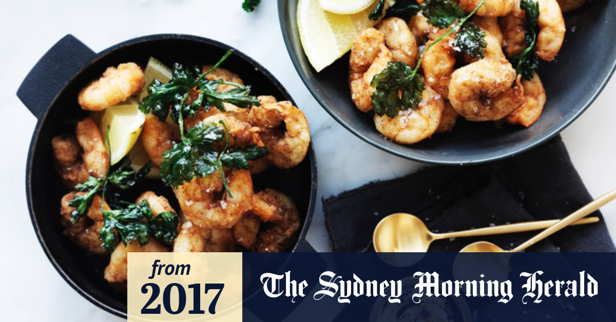 Neil Perry's chilli salt prawns, and herbcrusted trout with potato gratin